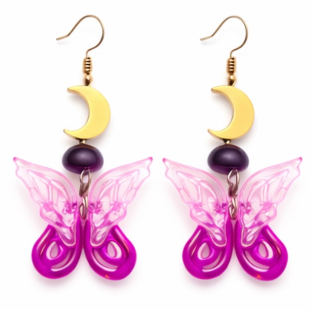 Moon and Butterfly Pink Earrings